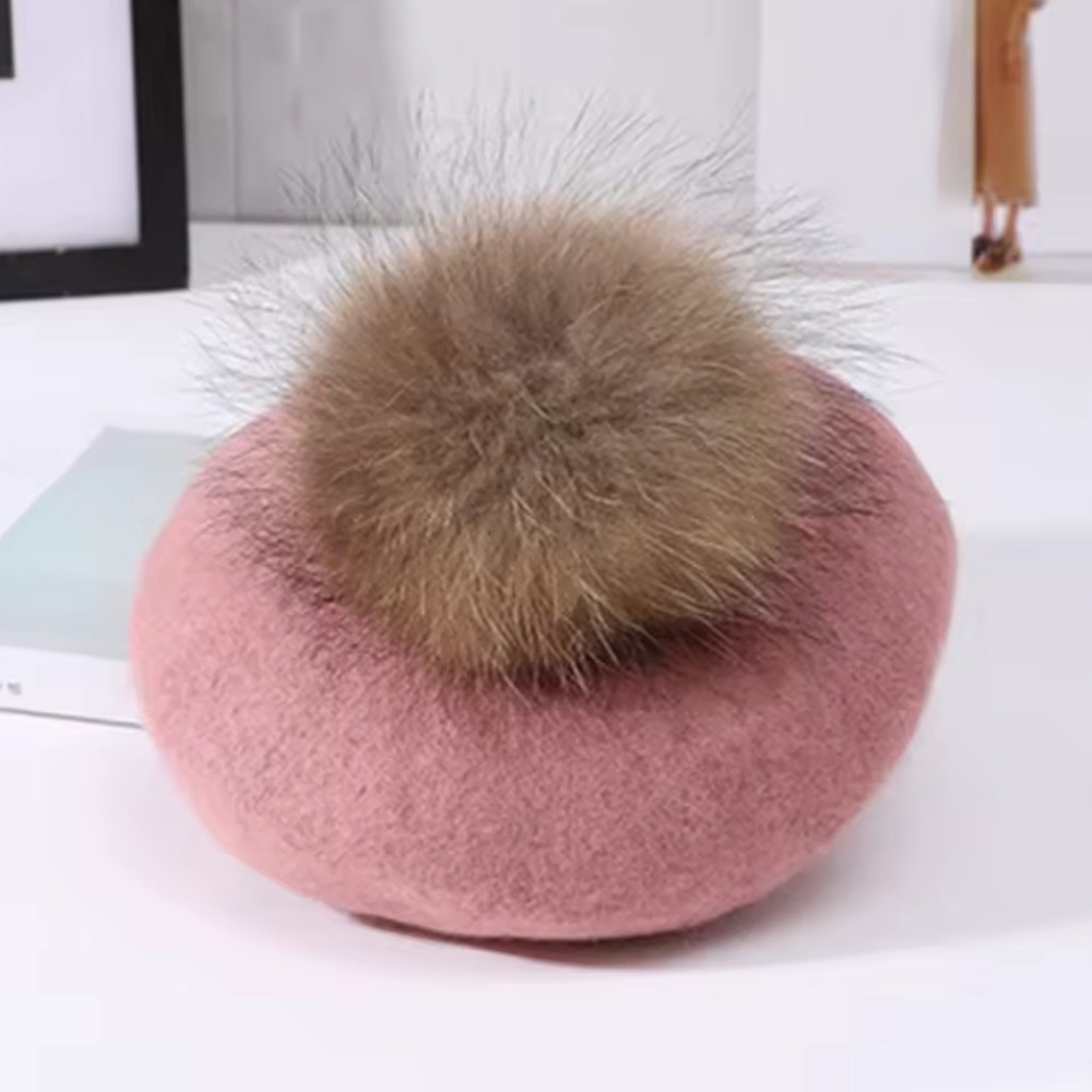 Real Solid Fur Beret - Unisex - Pink - 100% Wool ( Winter & Autumn )